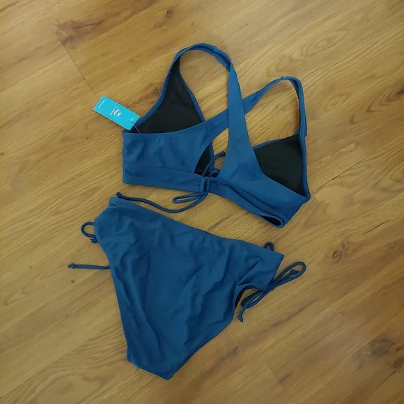 NWT Cupshe Blue V Lace Up Two Piece 2pc Low Waist Rise Bikini Swimsuit Bathing M - Picture 4 of 11